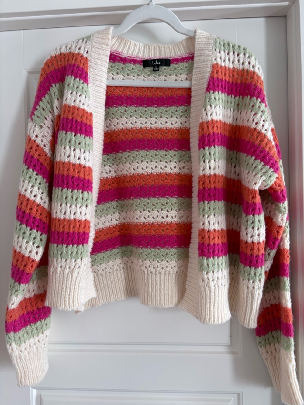 Lulu's Open-Front Striped Crochet Cardigan - Cream, Pink & Orange
